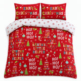 Overhead flat lay of the Santa's Little Helper Christmas Polycotton Duvet Cover Set with two matching pillowcases