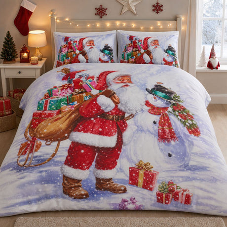 Santa & Snowy Christmas Polycotton Duvet Cover Set styled on a bed in a coordinated bedroom lifestyle scene