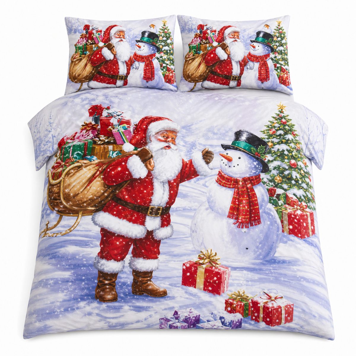 Overhead flat lay of the Santa & Snowy Christmas Polycotton Duvet Cover Set with two matching pillowcases