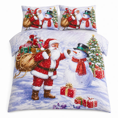 Overhead flat lay of the Santa & Snowy Christmas Polycotton Duvet Cover Set with two matching pillowcases