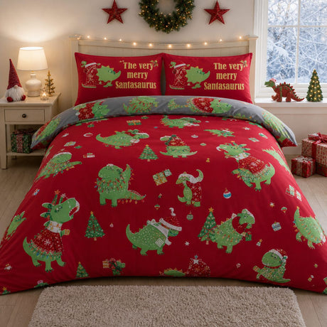 Santasaurus Kids Christmas Polycotton Duvet Cover Set styled on a bed in a coordinated bedroom lifestyle scene