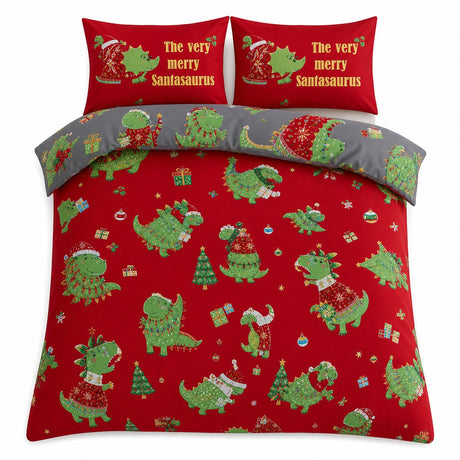 Overhead flat lay of the Santasaurus Kids Christmas Polycotton Duvet Cover Set with two matching pillowcases