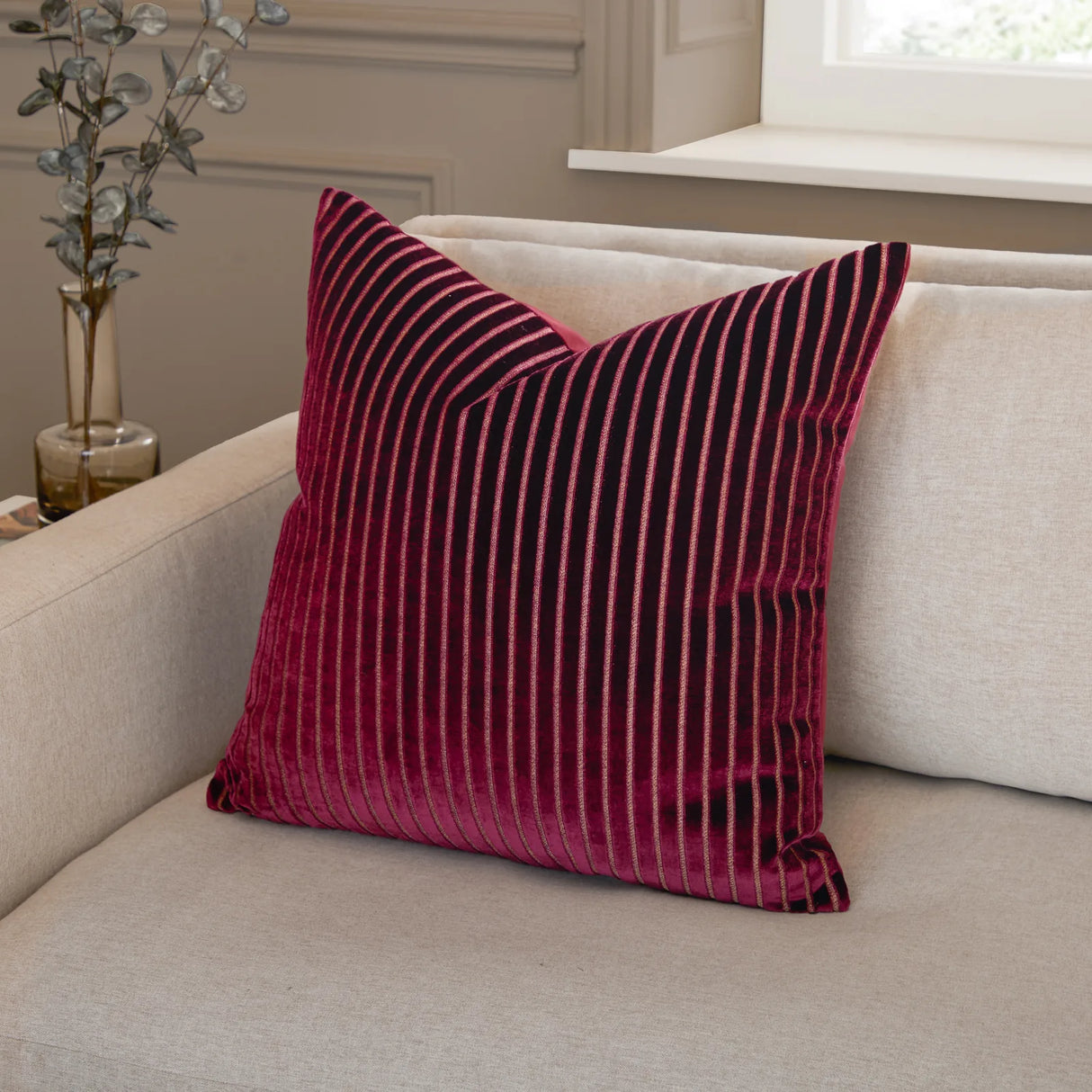 Savoy Stripe Velvet Cushion Cover Burgundy 50 x 50cm - image 1