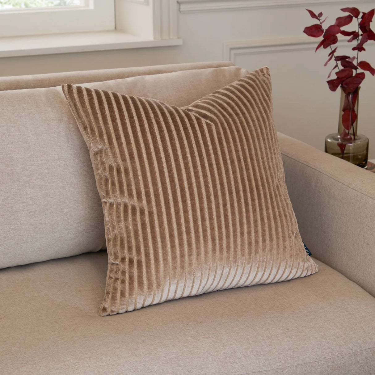 Savoy Stripe Velvet Cushion Cover Mink 50 x 50cm - image 1