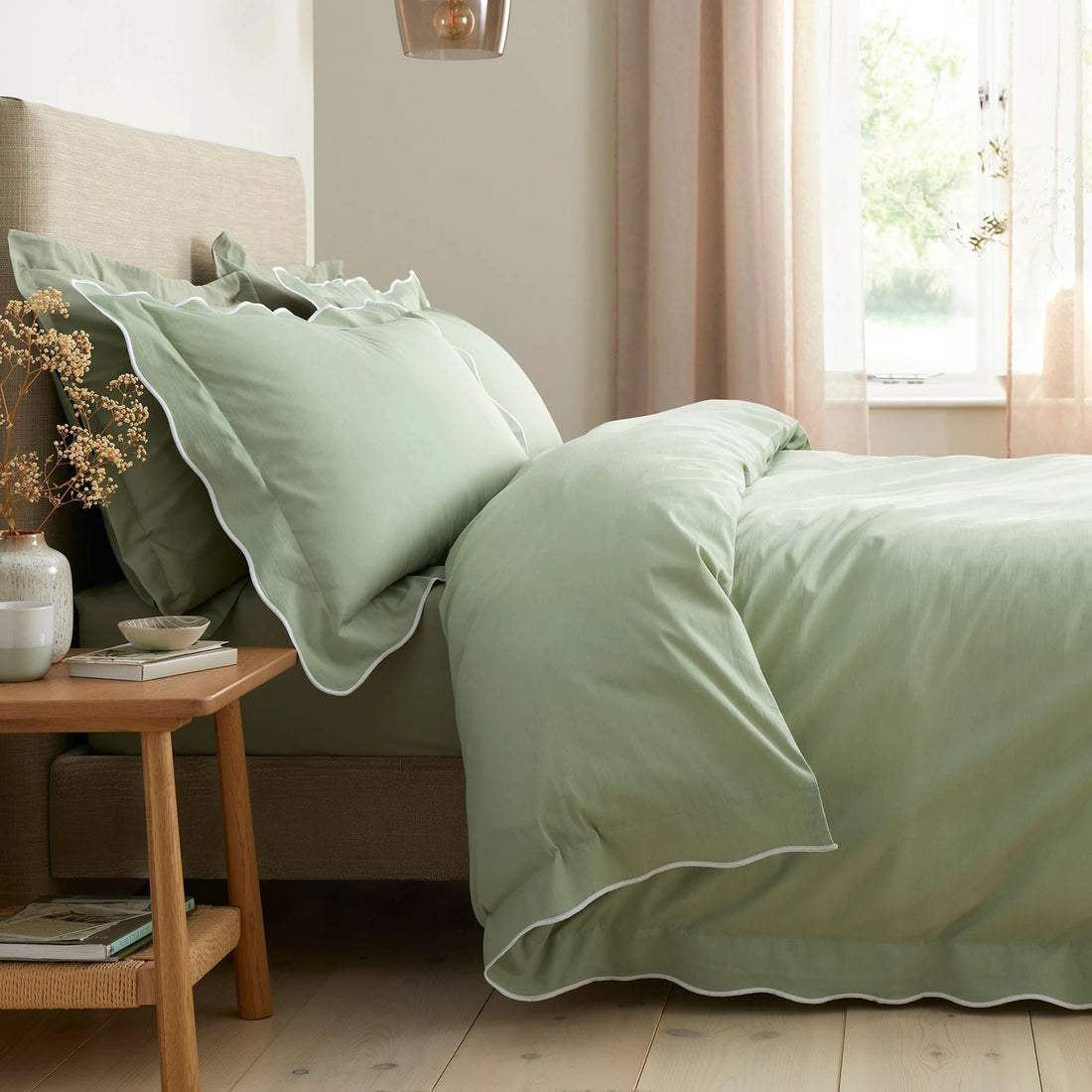 Scallop Edge Green 100% Cotton Duvet Cover Set