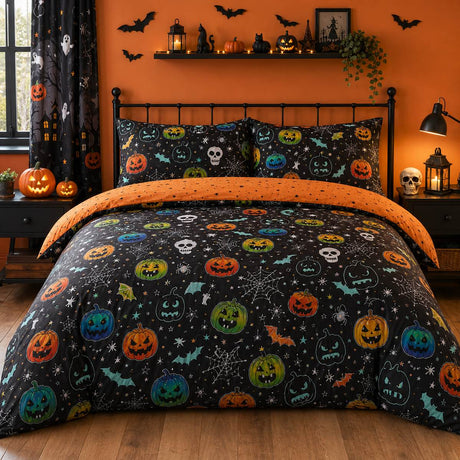 Scary Pumpkins Halloween microfibre duvet cover set styled on a bed with the source-accurate folded orange top edge