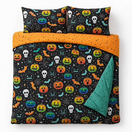Overhead flat lay of the Scary Pumpkins Halloween Microfibre Duvet Cover Set with two matching pillowcases