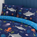 Close-up of matching Sea Life Kids Duvet Cover Set Reversible Bedding Single & Double pillowcases showing the pattern and fabric detail