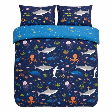 Overhead flat lay of the Sea Life Kids Duvet Cover Set Reversible Bedding Single & Double with two matching pillowcases