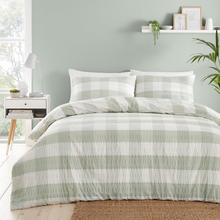 Fusion Seersucker Gingham Green Duvet Cover Quilt Bedding Set Ideal