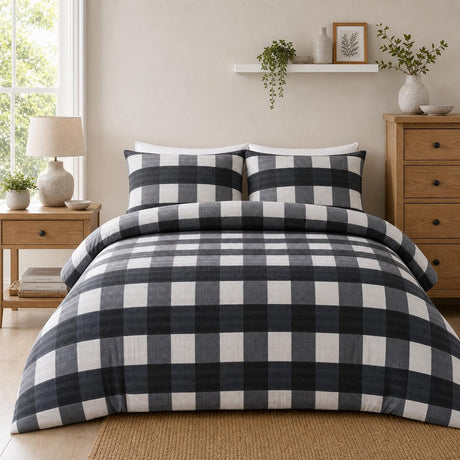 Seersucker Gingham charcoal duvet cover set styled on a fresh bedroom bed