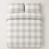 Overhead flat lay of the Seersucker Gingham green duvet cover set with two matching pillowcases
