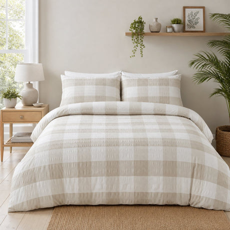 Seersucker Gingham natural duvet cover set styled on a fresh bedroom bed