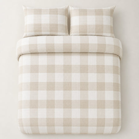 Overhead flat lay of the Seersucker Gingham natural duvet cover set with two matching pillowcases