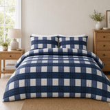 Seersucker Gingham navy duvet cover set styled on a fresh bedroom bed