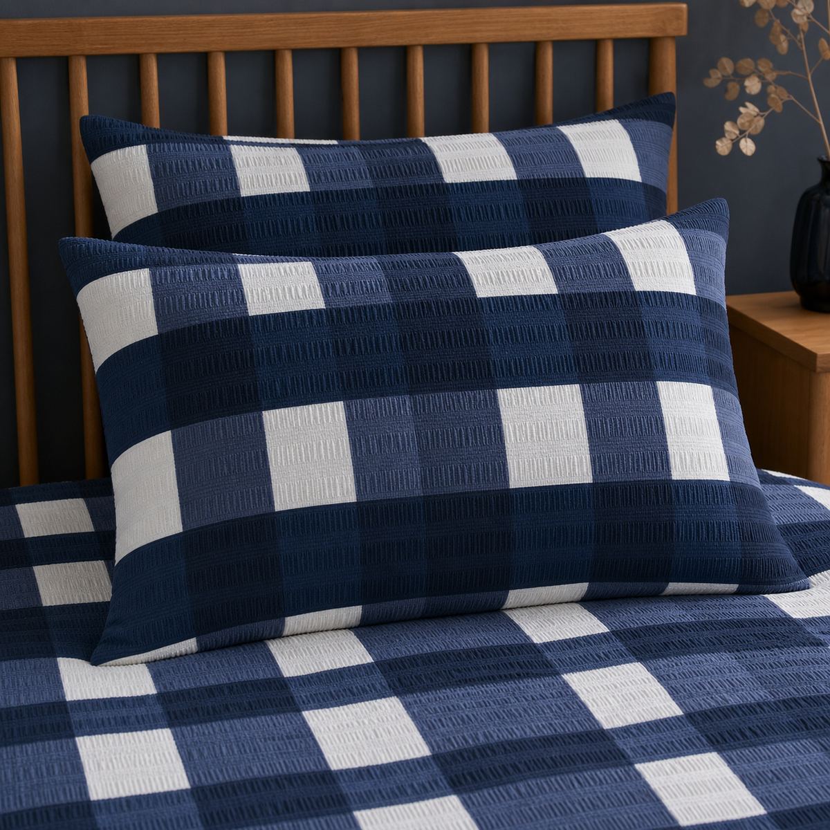 Close-up of Seersucker Gingham navy pillowcases showing the raised puckered check texture