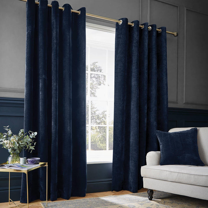 Selene Luxury Chenille Weighted Eyelet Curtains Deep Navy - Ideal