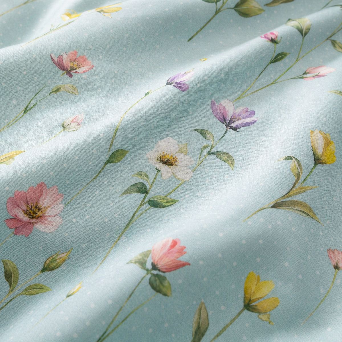 Macro close-up of Serenity duck egg floral cotton duvet cover fabric
