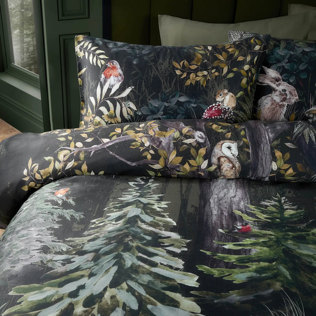 Sherwood Forest 100% Cotton Printed Duvet Cover Set Forest Green/Black - image 3