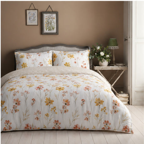 Sienna 100% Cotton Duvet Cover Set in gold styled on a coordinated bedroom bed