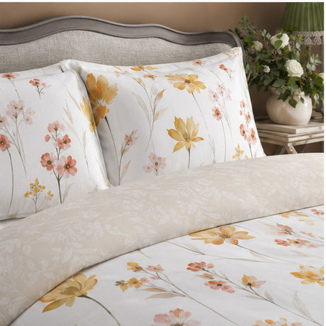 Close-up of Sienna 100% Cotton Duvet Cover Set in gold pillowcases showing the print and fabric detail