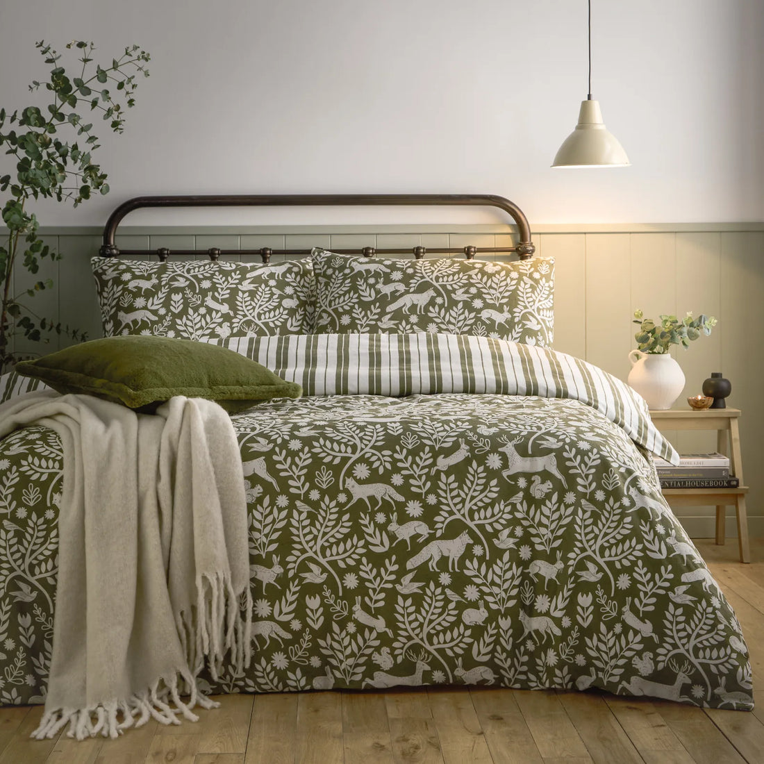 Skandi Woodland 100% Brushed Cotton Duvet Cover Set Thyme Green
