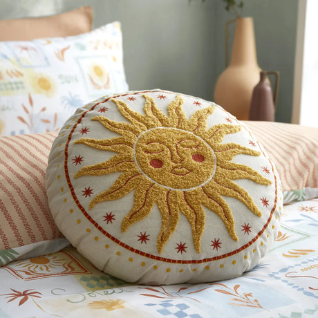 Fusion Soleil Embroidered Sun Yellow Cotton Round Filled Cushion