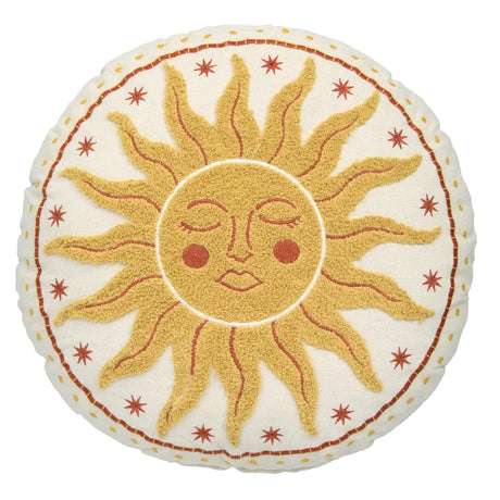 Fusion Soleil Embroidered Sun Yellow Cotton Round Filled Cushion 2