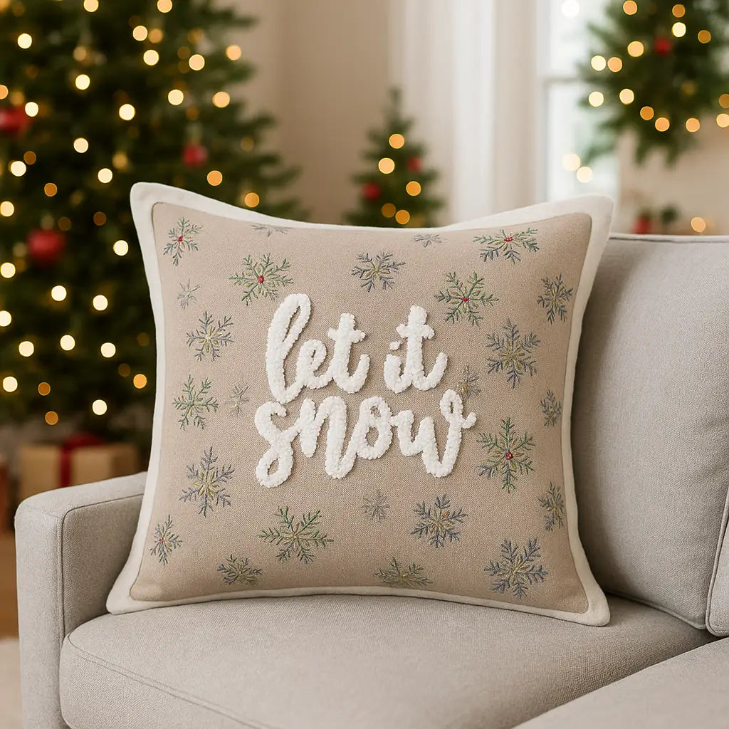 Winter Let It Snow 100% Cotton Velvet Greige Cushion Cover or Filled Cushion 45cm x 45cm