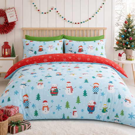 Snowman Christmas Duvet Cover Set Festive Microfibre Bedding styled on a bed in a coordinated bedroom lifestyle scene