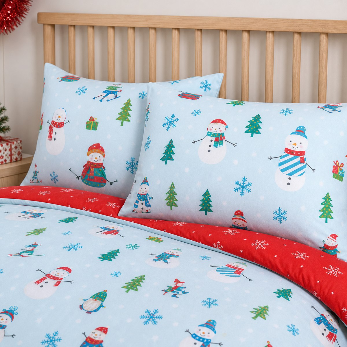 Close-up of matching Snowman Christmas Duvet Cover Set Festive Microfibre Bedding pillowcases showing the pattern and fabric detail