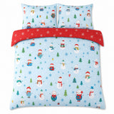 Overhead flat lay of the Snowman Christmas Duvet Cover Set Festive Microfibre Bedding with two matching pillowcases