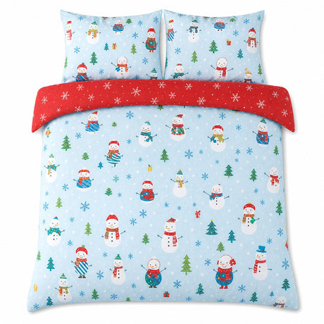 Overhead flat lay of the Snowman Christmas Duvet Cover Set Festive Microfibre Bedding with two matching pillowcases