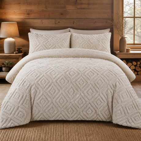 Snug Romo natural cosy fleece duvet cover set styled on a warm modern bedroom bed