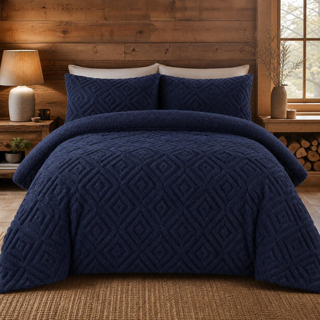 Snug Romo navy cosy fleece duvet cover set styled on a warm modern bedroom bed
