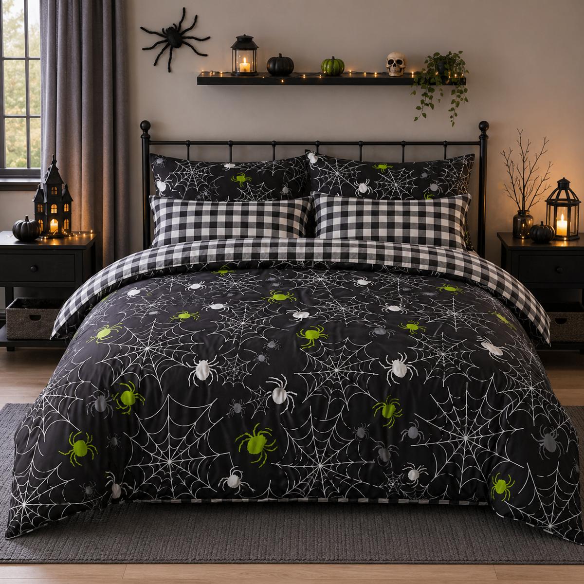 Spiders Grey Halloween Microfibre Duvet Cover Set styled on a bed in a coordinated bedroom lifestyle scene