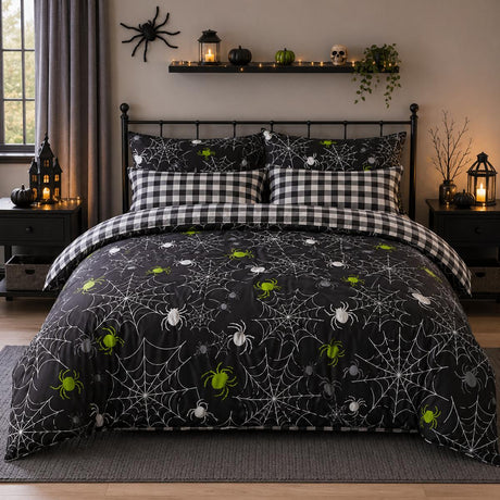 Spiders Grey Halloween Microfibre Duvet Cover Set styled on a bed in a coordinated bedroom lifestyle scene