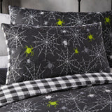Close-up of matching Spiders Grey Halloween Microfibre Duvet Cover Set pillowcases showing the pattern and fabric detail