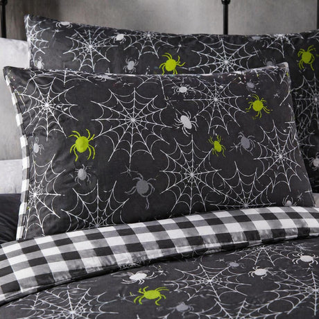 Close-up of matching Spiders Grey Halloween Microfibre Duvet Cover Set pillowcases showing the pattern and fabric detail