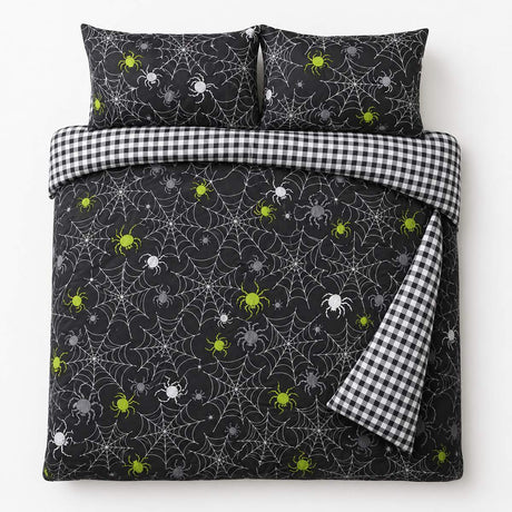 Overhead flat lay of the Spiders Grey Halloween Microfibre Duvet Cover Set with two matching pillowcases
