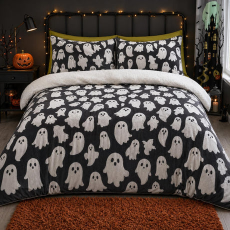 Spooky Ghosts Halloween Microfibre Duvet Cover Set styled on a bed in a coordinated bedroom lifestyle scene