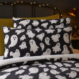 Close-up of matching Spooky Ghosts Halloween Microfibre Duvet Cover Set pillowcases showing the pattern and fabric detail
