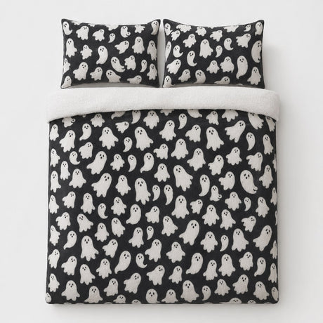 Overhead flat lay of the Spooky Ghosts Halloween Microfibre Duvet Cover Set with two matching pillowcases