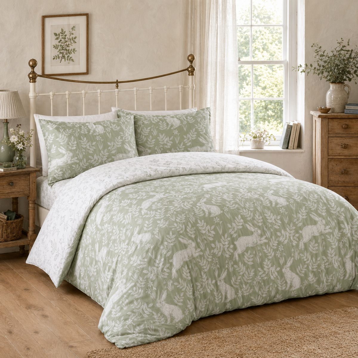 Spring Rabbits green reversible duvet cover set styled on a soft country bedroom bed