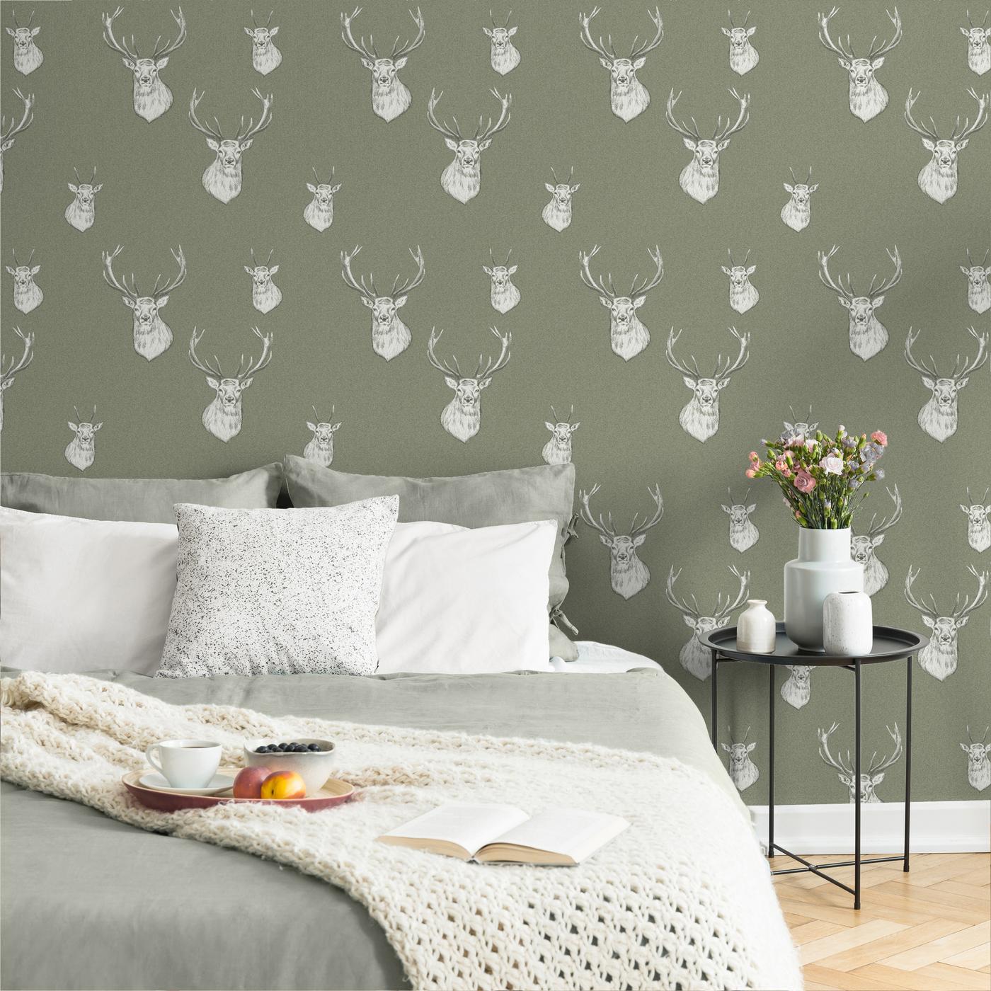 Catherine Lansfield Stag Wallpaper Sage Green