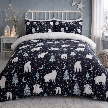 Starry Night Cosy Microfibre Duvet Cover Set styled on a bed in a coordinated bedroom lifestyle scene
