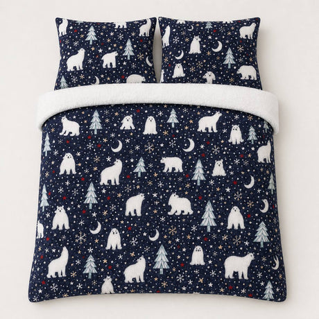 Overhead flat lay of the Starry Night Cosy Microfibre Duvet Cover Set with two matching pillowcases