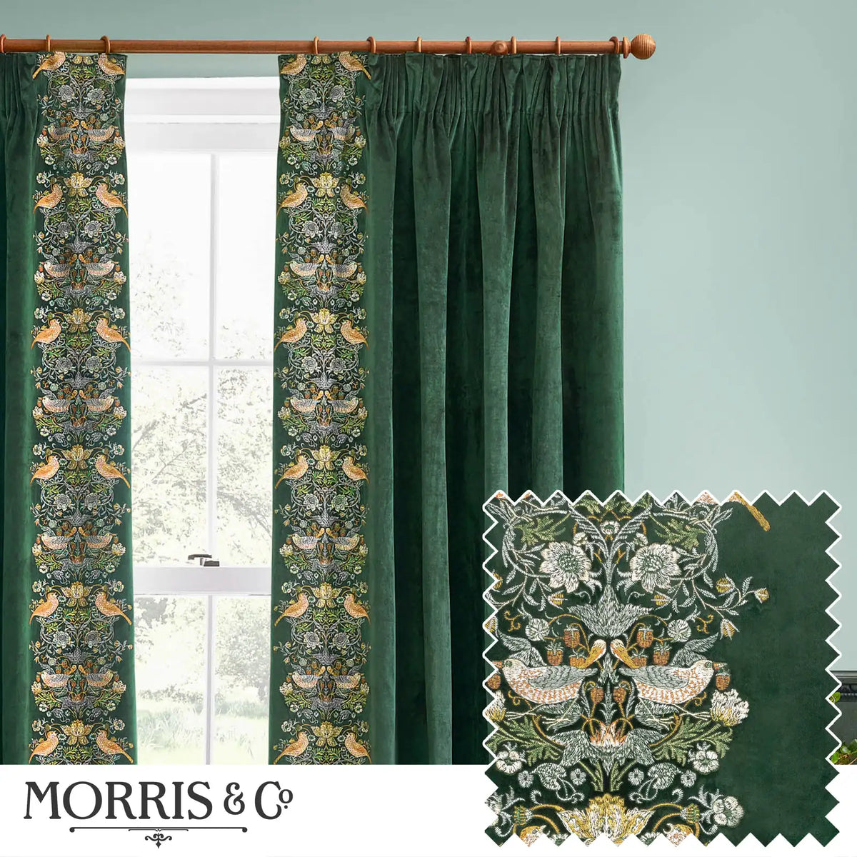Strawberry Thief Embroidery Forest Green Velvet Thermal Blackout Dimout Pencil Pleat Curtains - additional product view 1
