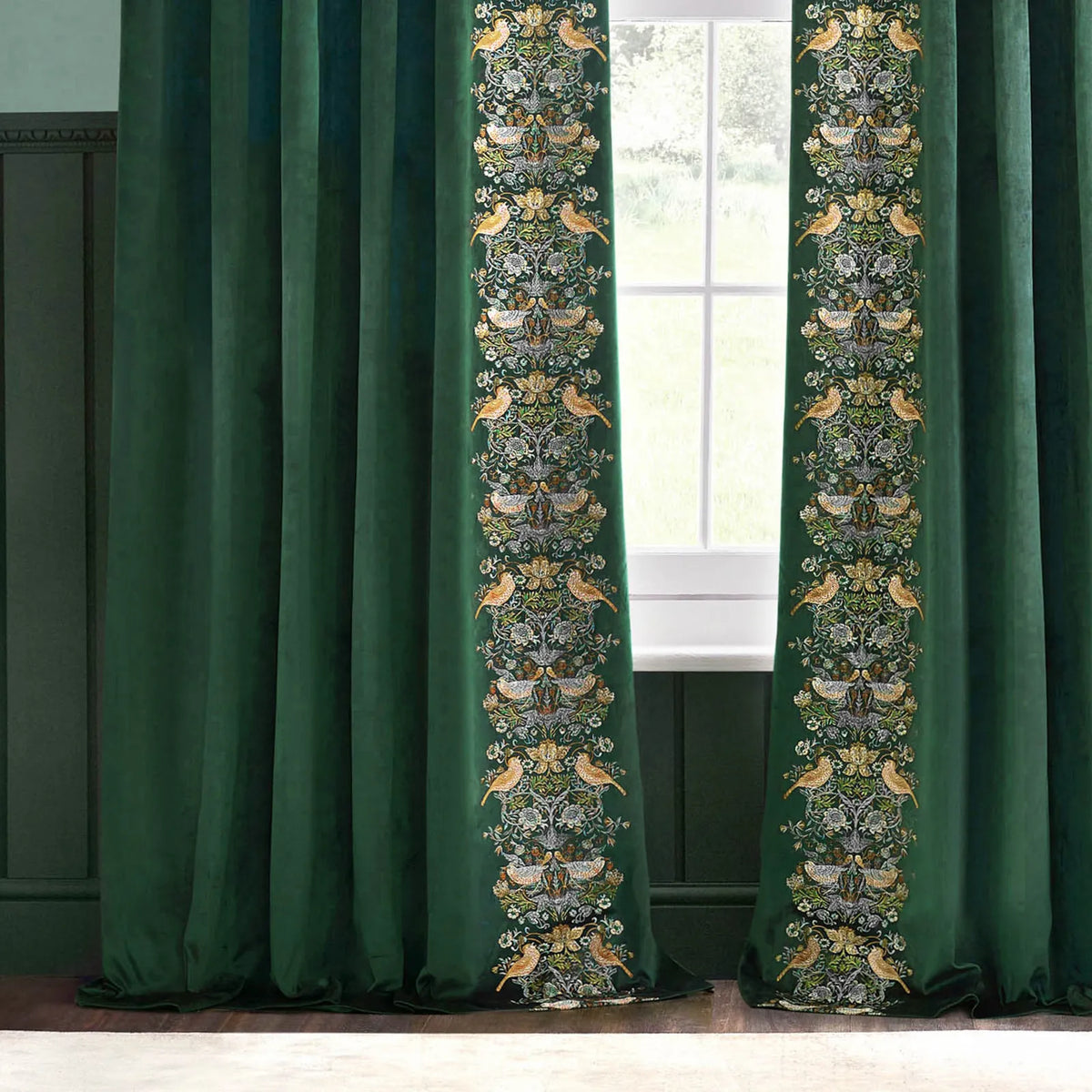 Strawberry Thief Embroidery Forest Green Velvet Thermal Blackout Dimout Pencil Pleat Curtains - additional product view 3