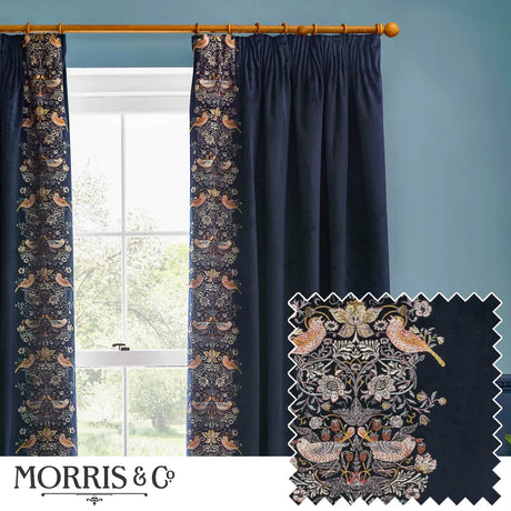 Strawberry Thief Embroidery Indigo Velvet Thermal Blackout Dimout Pencil Pleat Curtains - additional product view 1